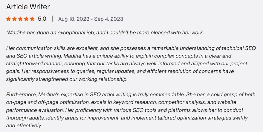 Verified Upwork client review for Madiha Riaz