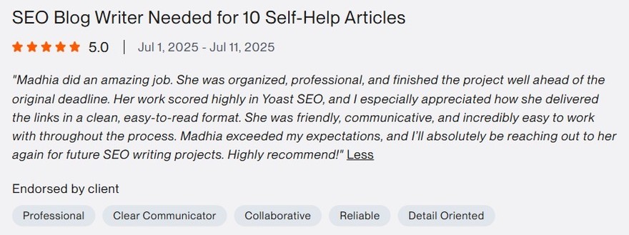 Verified Upwork client review for Madiha Riaz