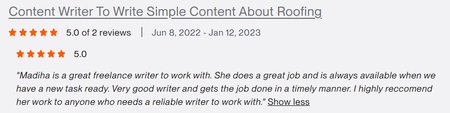 Verified Upwork client review for Madiha Riaz
